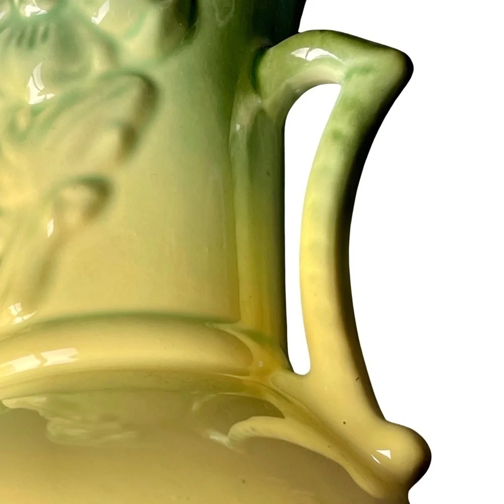 60's Cameron Clay 8 inch Dogwood Vase Green to Yellow Ombre Embossed Motif